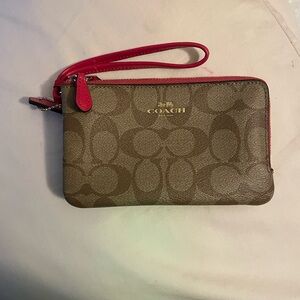Coach Signature Brown Wristlet with Pink Trim